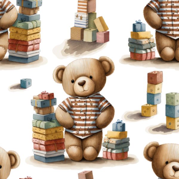 Panel låda för leksaker / ortalion quiltat med varme teddybjörn med klossar