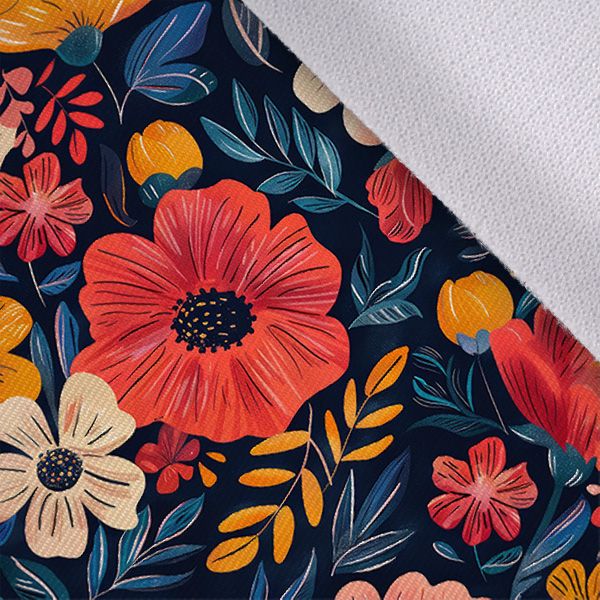 Designat eko-läder med tryck färgglada blommor på mörkblå