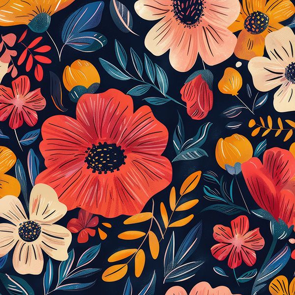 Vattentät polyester TD/NS med tryck färgglada blommor på mörkblå MAXI mönster