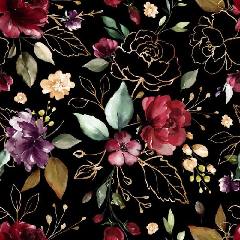Panel med mönster för softshell byxor guld blommor på  svart str. 110