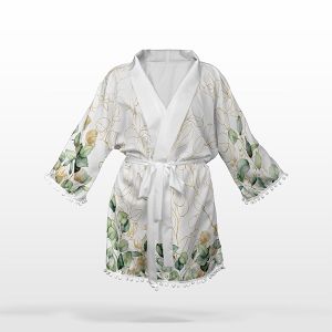Panel med mönster L chiffong/silke kimono eukalyptus vit